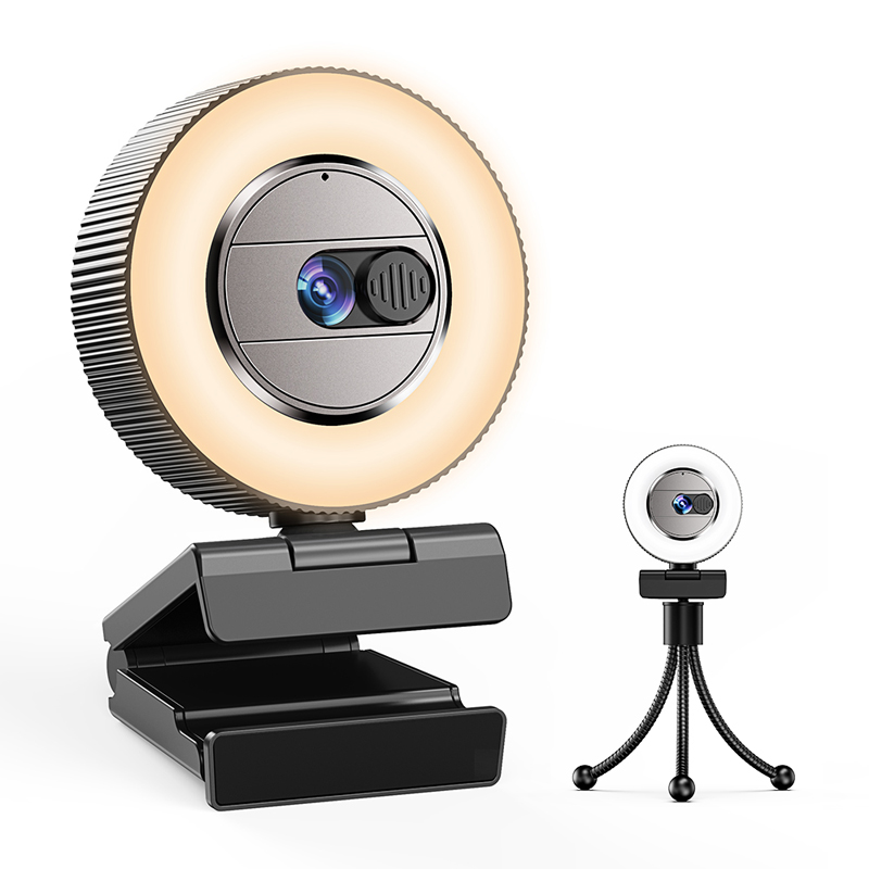 2K HD Plug and Play Webcam with 3-Level Brightness Ring Light